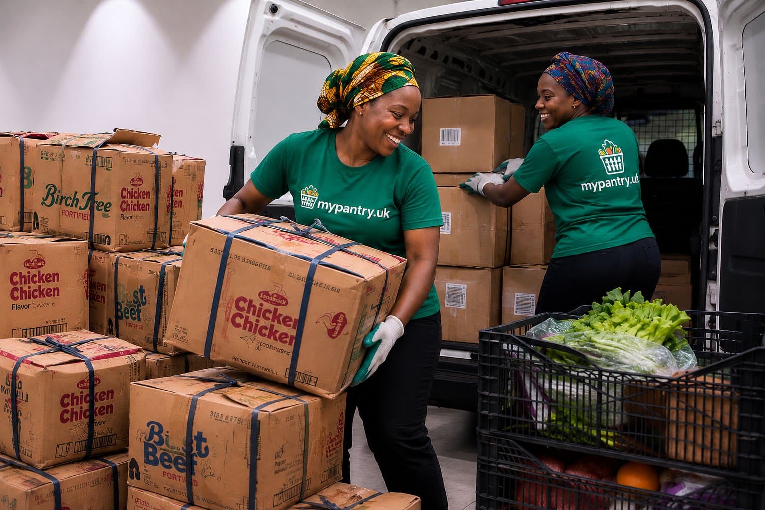 Two Pantry team members in branded mypantry.uk shirts loading boxes of food into a delivery van